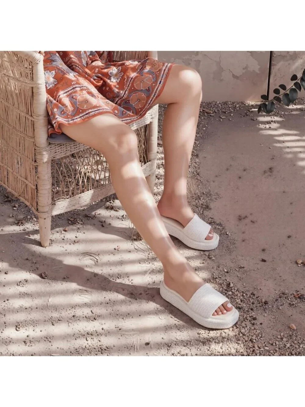Women's White Leather Woven Wedges Beach Slip On Comfortable Casual Platform